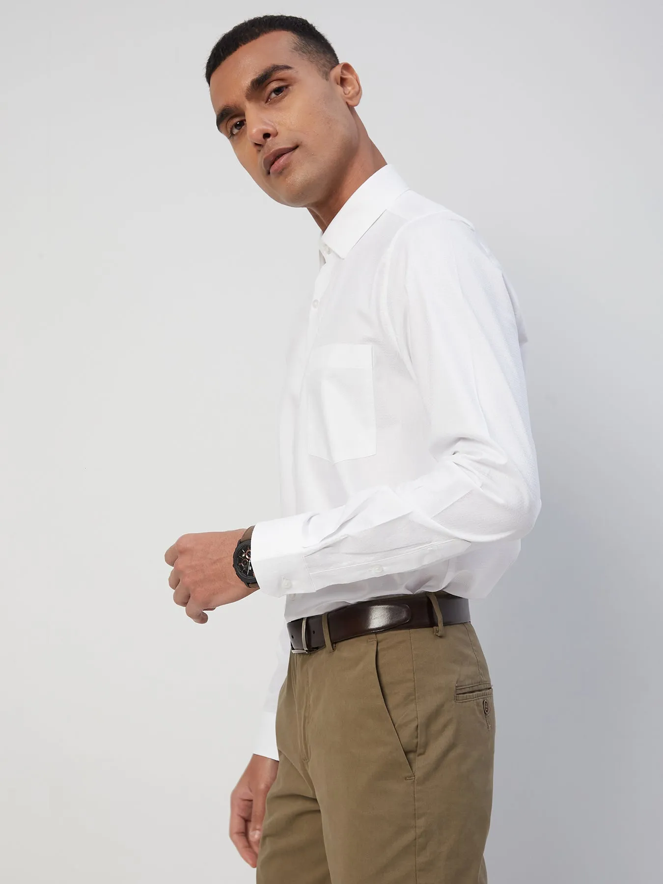 100% Cotton White Slim Fit Full Sleeve Dobby Formal Mens Shirt