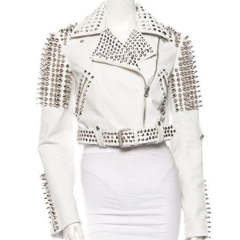 Buy Best Rider Women For Men Silver Tone Studded White Leather Jacket