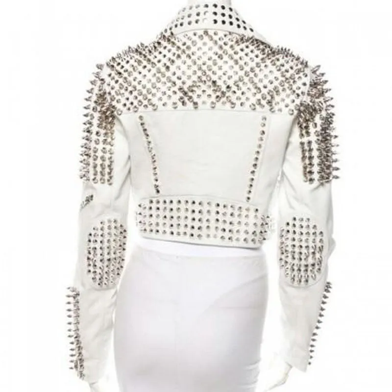 Buy Best Rider Women For Men Silver Tone Studded White Leather Jacket