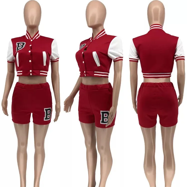 Classic baseball varsity bomber crop jackets shorts set