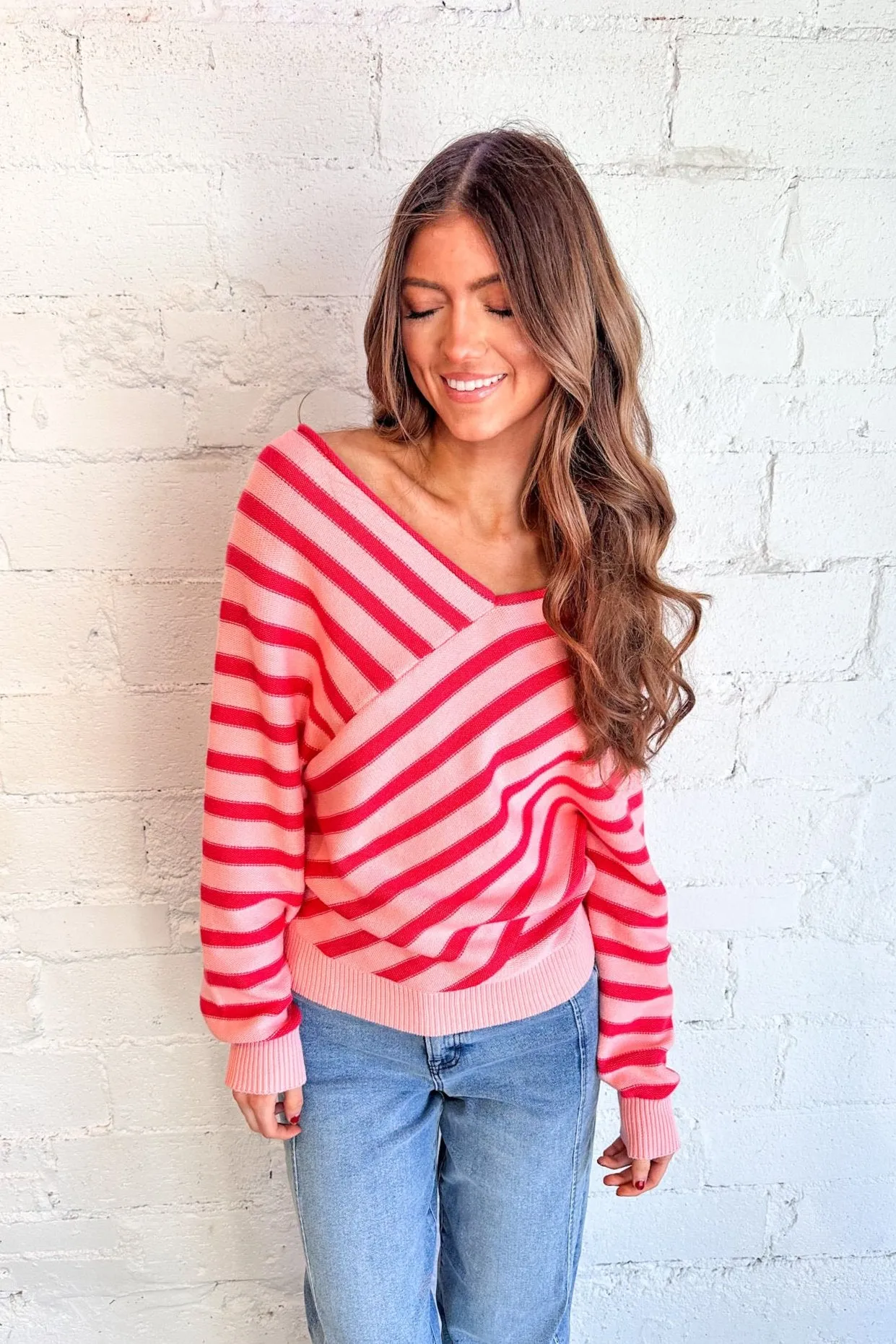 Cross Stripe V Neck Sweater