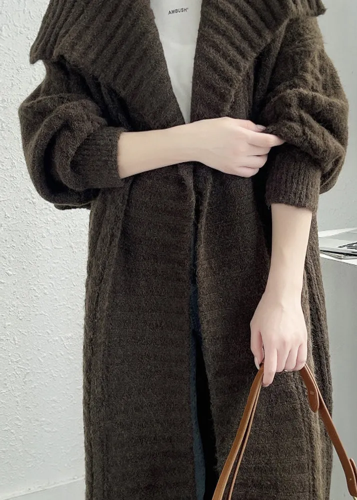 Dark Brown Loose Knit Cardigans Peter Pan Collar Design Fall