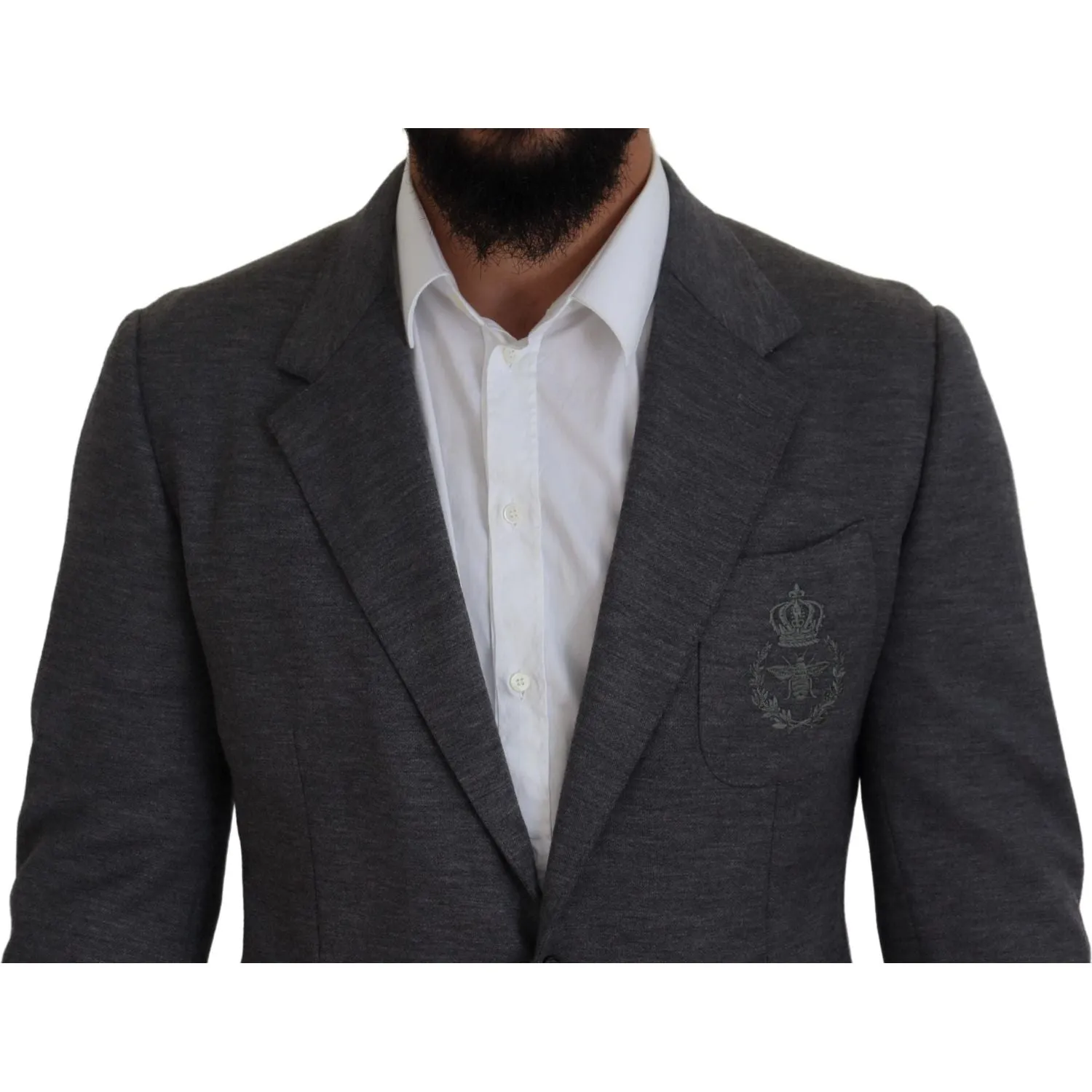 Dolce & Gabbana Elegant Gray Wool Blazer with Bee Crown Embroidery