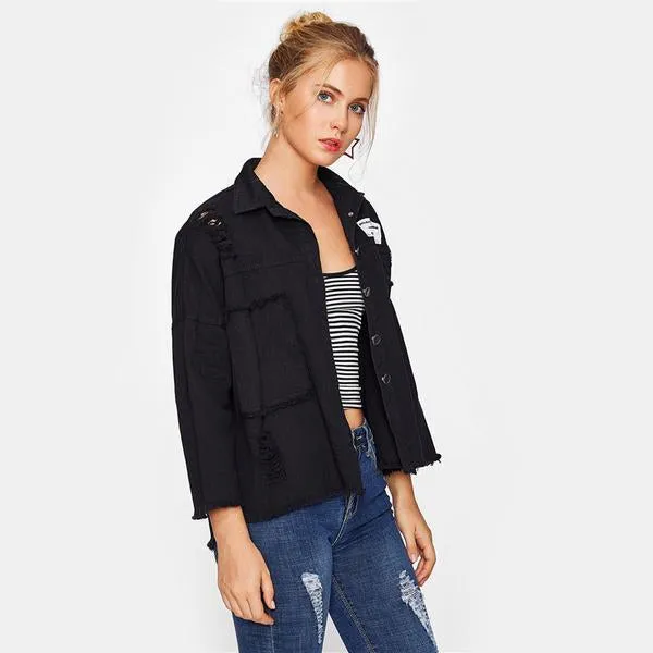 Drop Shoulder Patch Back Distressed Bomber Jackets