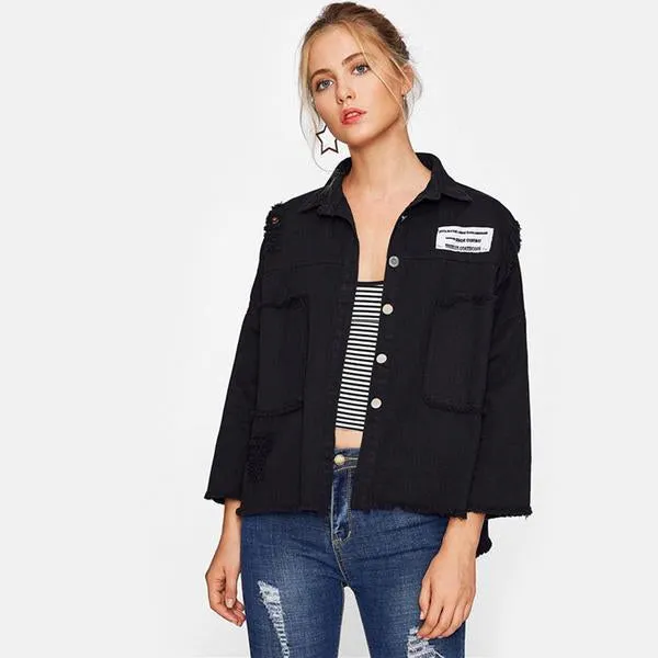 Drop Shoulder Patch Back Distressed Bomber Jackets