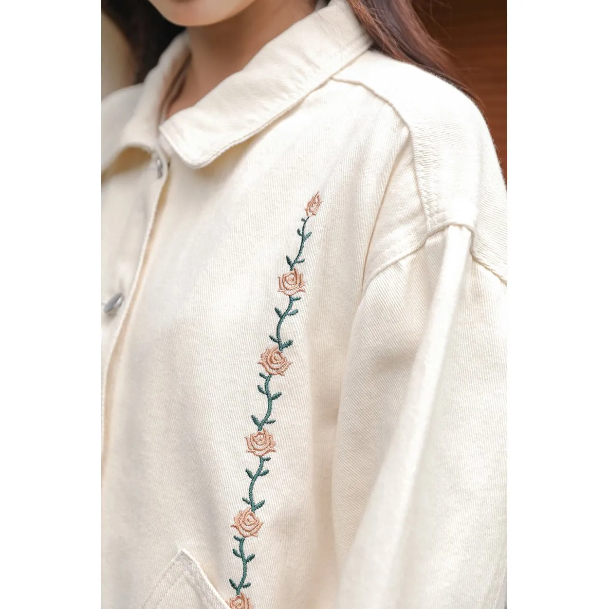 Flower Embroidery Loose Fit Washed Denim Jacket