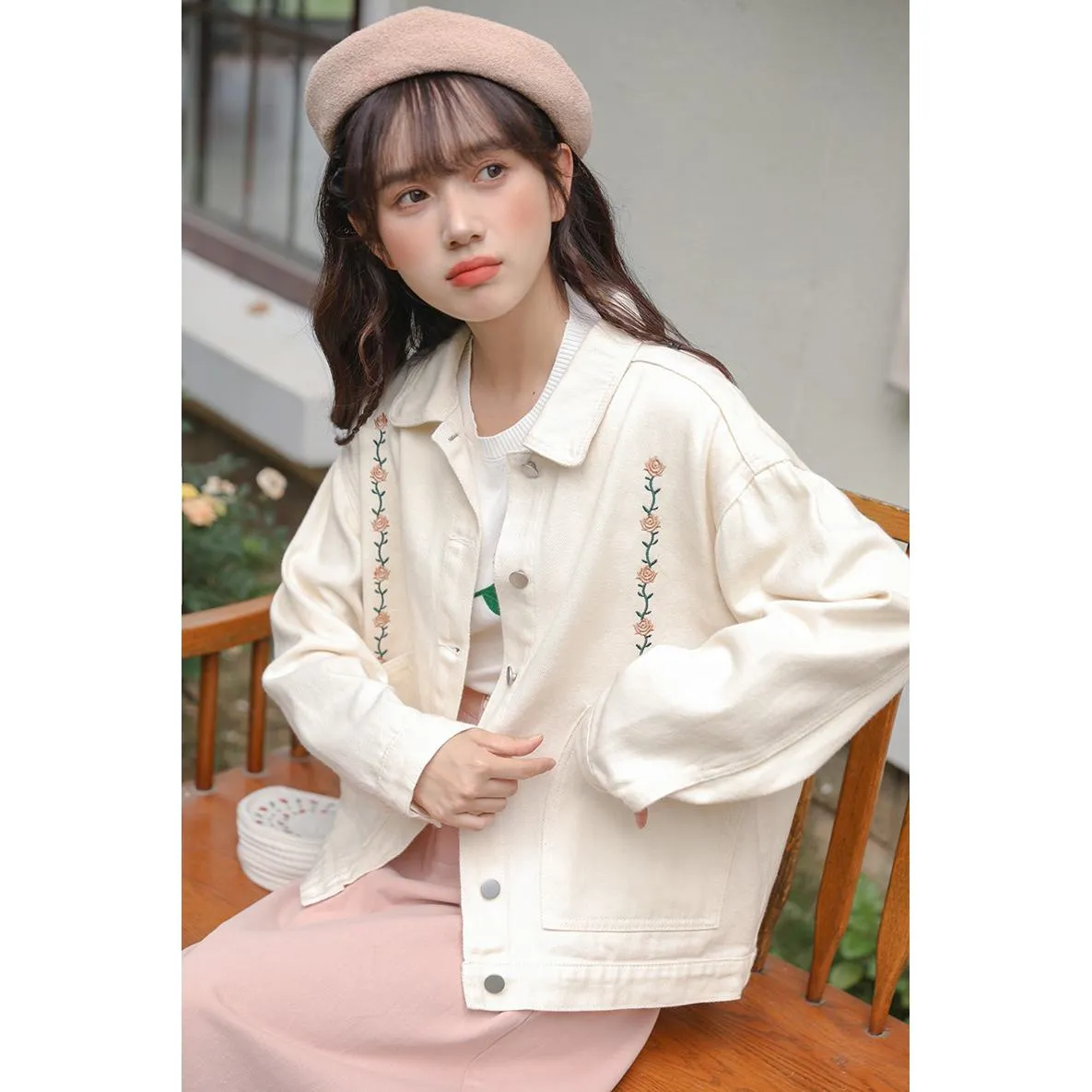 Flower Embroidery Loose Fit Washed Denim Jacket