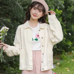 Flower Embroidery Loose Fit Washed Denim Jacket