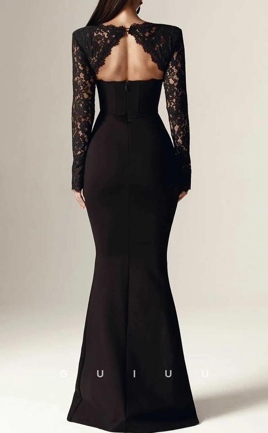 G4101 - Sexy & Hot Sheath Asymmetrical Evening Party Prom Dress with High Side Slit and Long Lace Sleeves