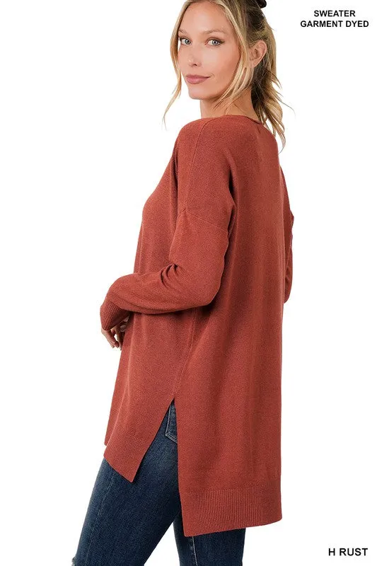 Hi-Low Hem V-Neck Center Seam Sweater