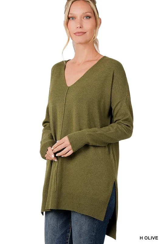 Hi-Low Hem V-Neck Center Seam Sweater