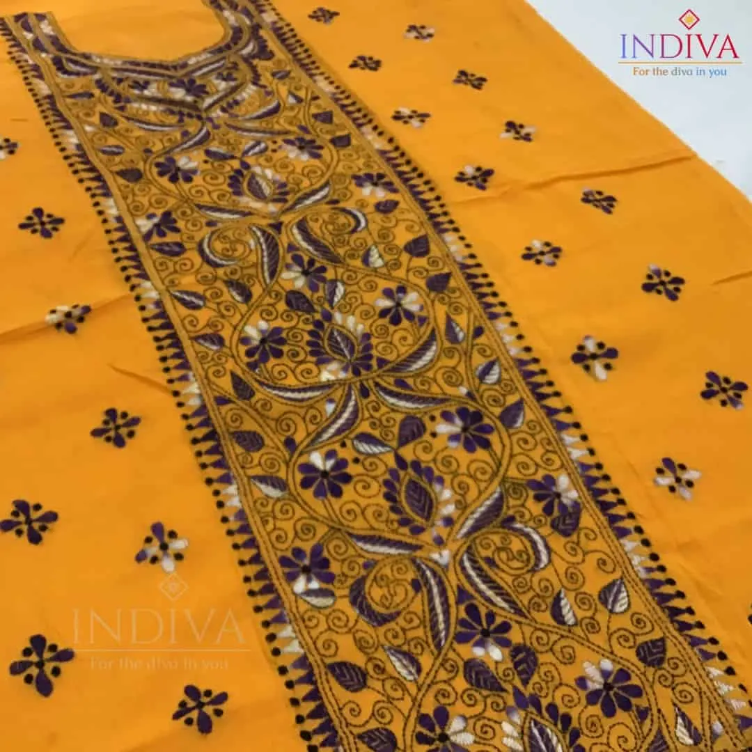 Indiva Handcrafted Cotton Yellow Kantha Top Material.