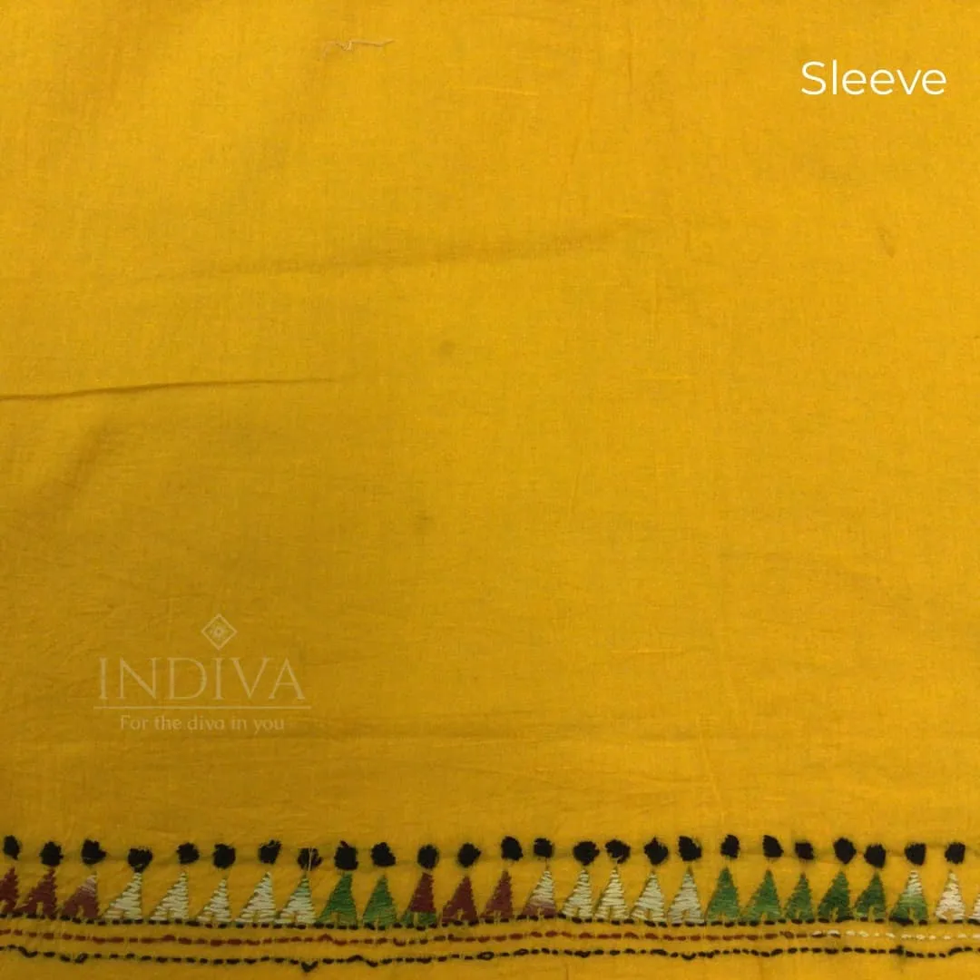 Indiva Handcrafted Cotton Yellow Kantha Top Material.