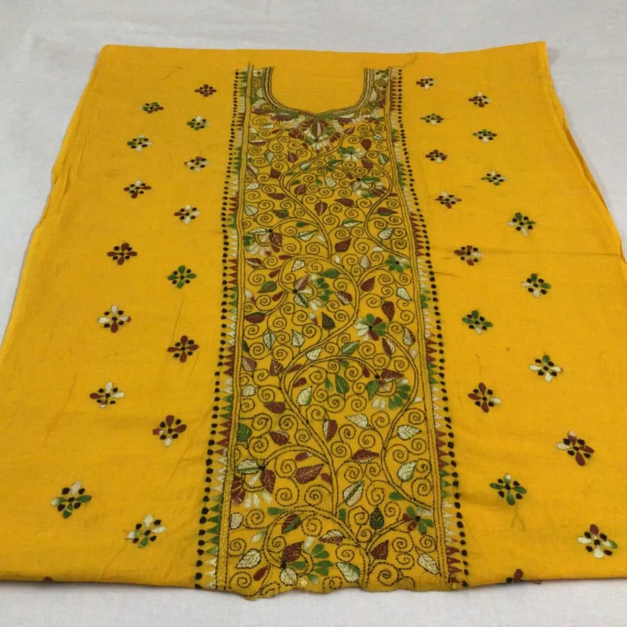 Indiva Handcrafted Cotton Yellow Kantha Top Material.