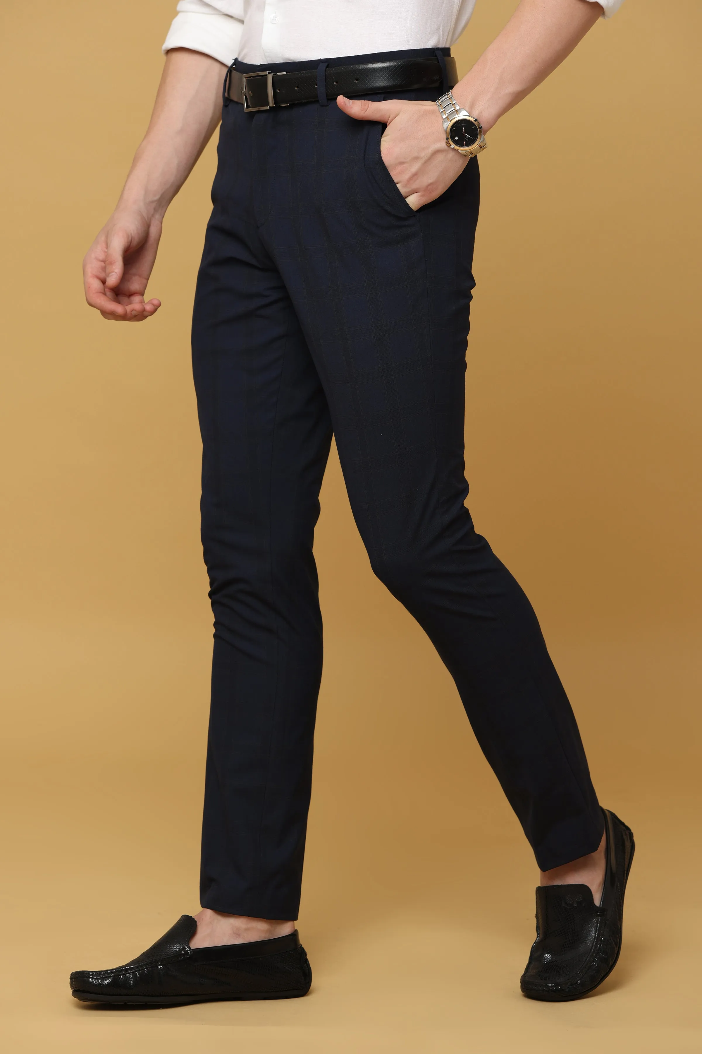 Ivyn Navy Blue Checked Formal Trousers