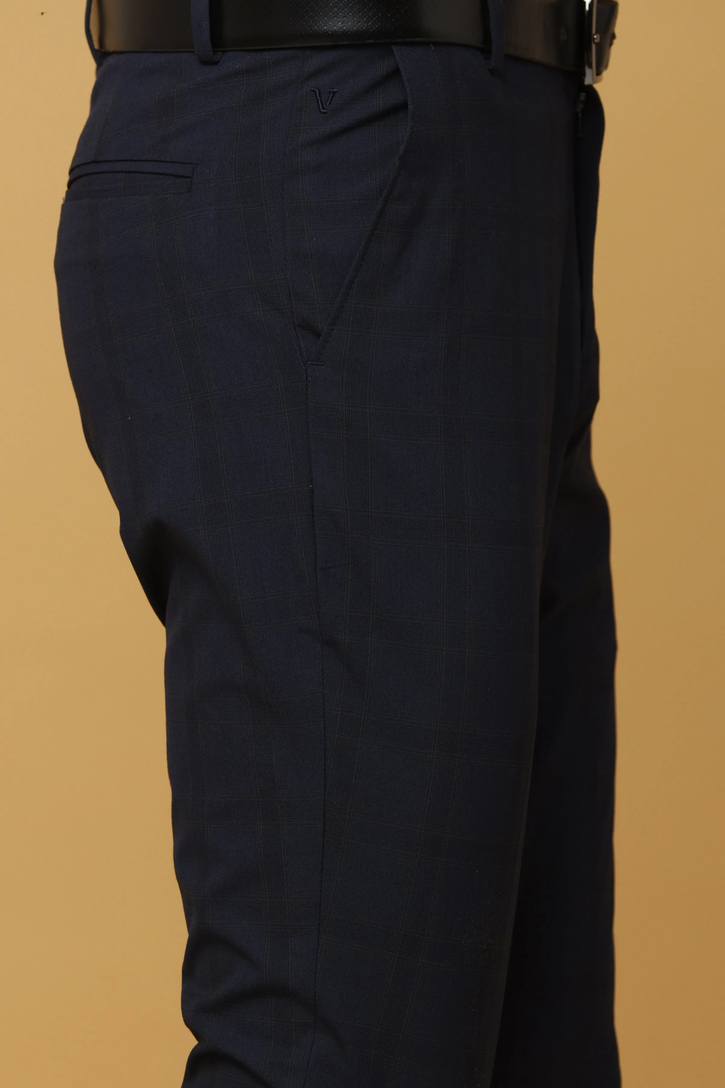 Ivyn Navy Blue Checked Formal Trousers