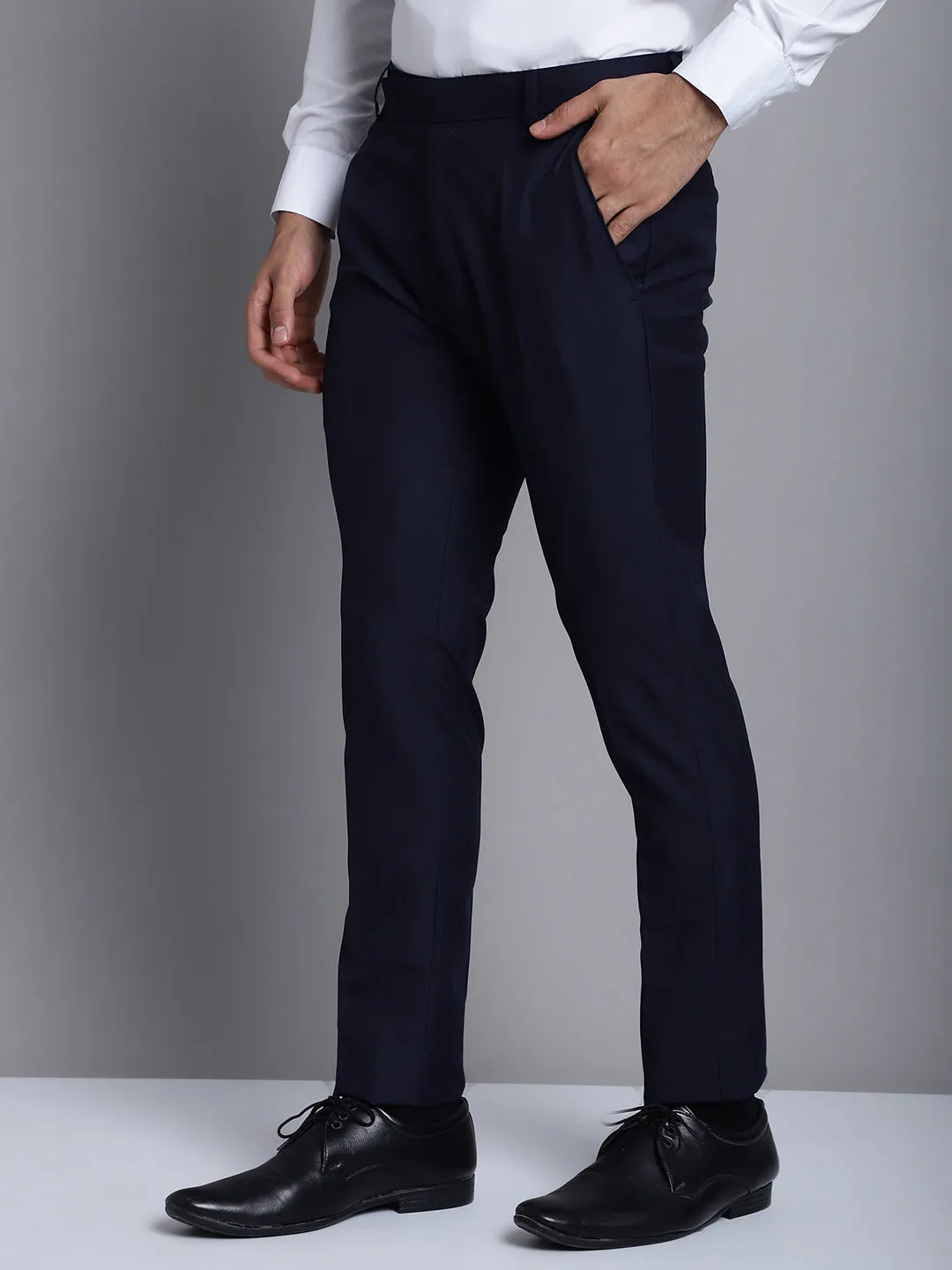 Jashvi Men's Navy Tapered Fit Formal Trousers