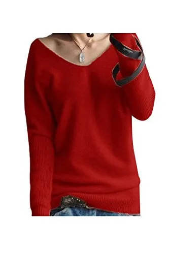 Kakalot Womens Sexy V Neck Long Sleeve 100% Cashmere Pullover Sweaters 2x