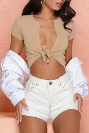 Knot My Intention Plunge Tie Front Crop Top in Beige