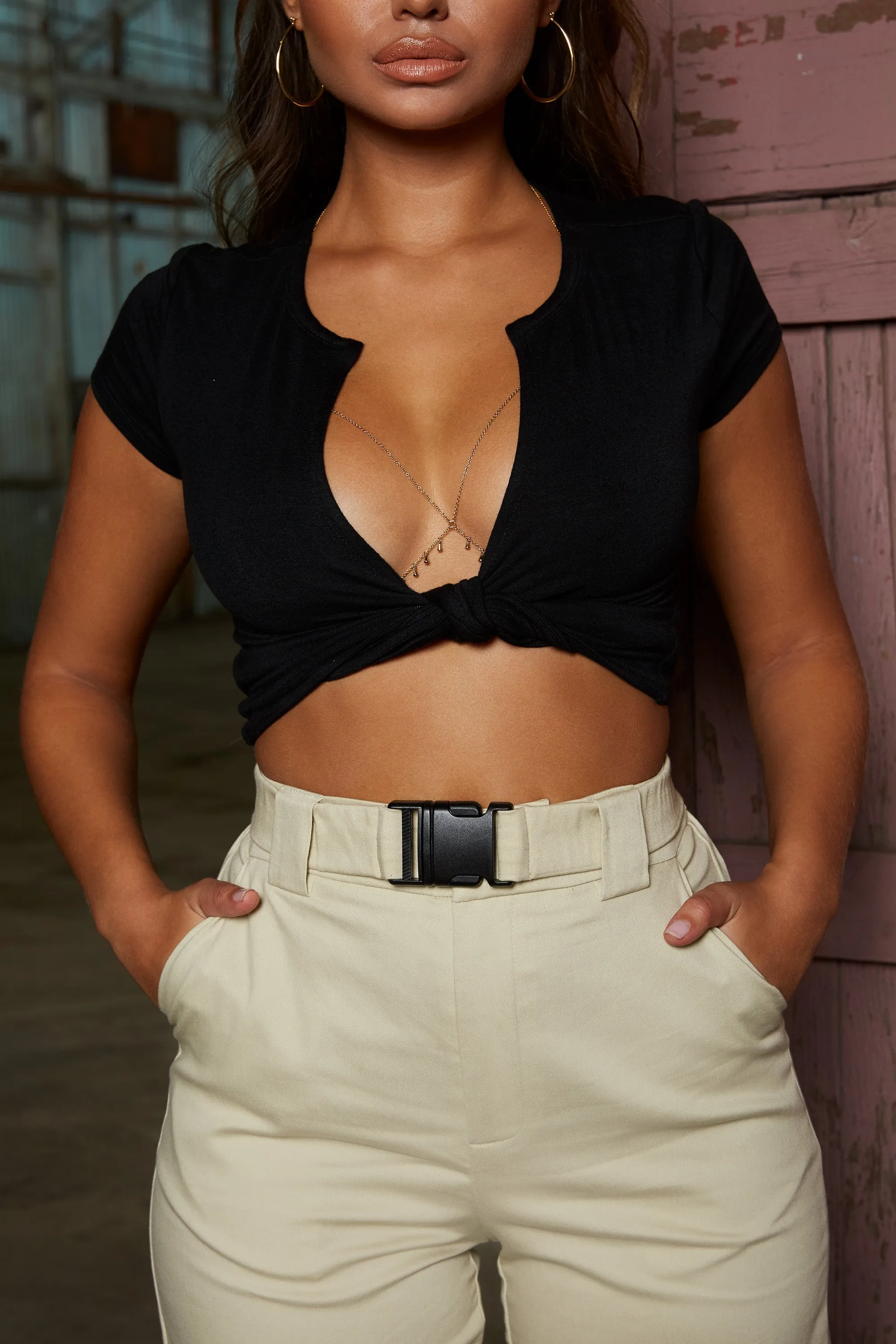 Knot My Intention Plunge Tie Front Crop Top in Black