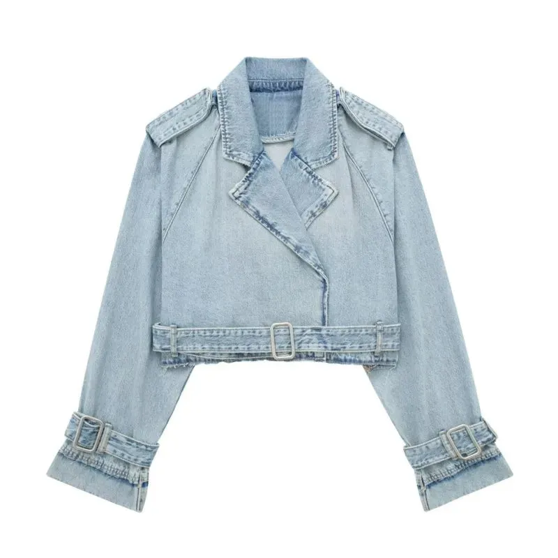 Lapel Notched Collar Denim Jacket Vintage Women Hem Buckle Belt Jacket