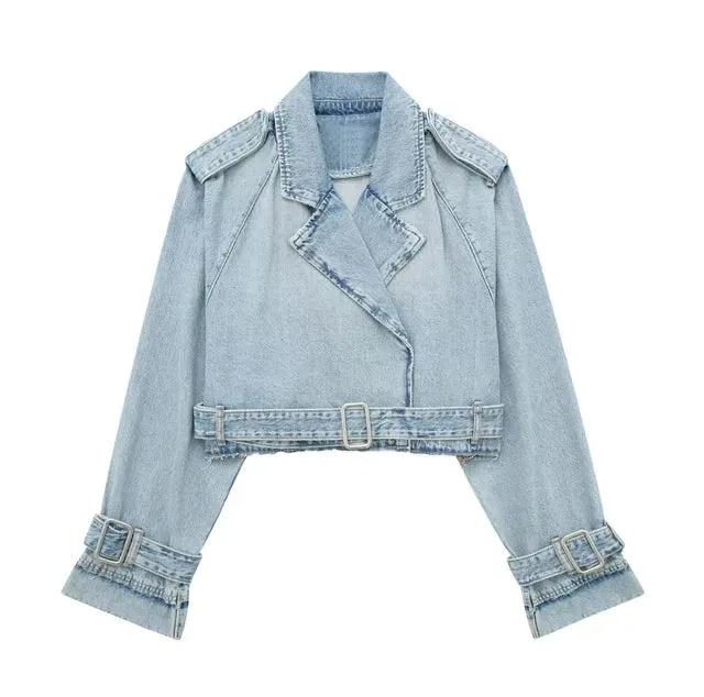 Lapel Notched Collar Denim Jacket Vintage Women Hem Buckle Belt Jacket