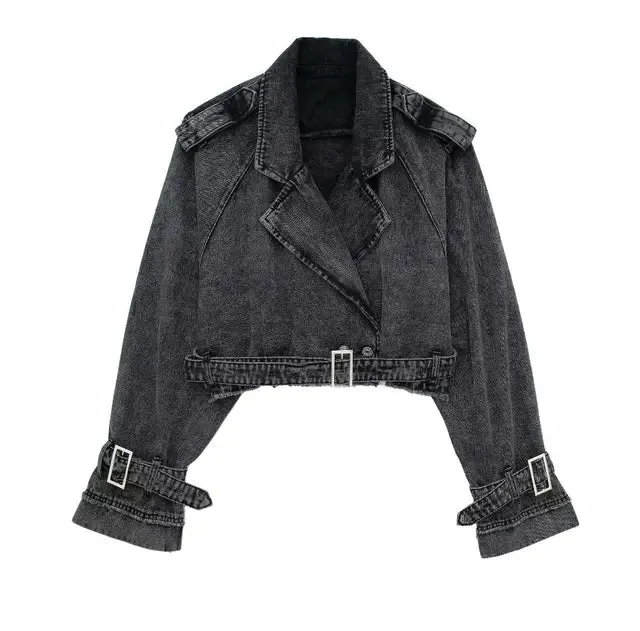 Lapel Notched Collar Denim Jacket Vintage Women Hem Buckle Belt Jacket