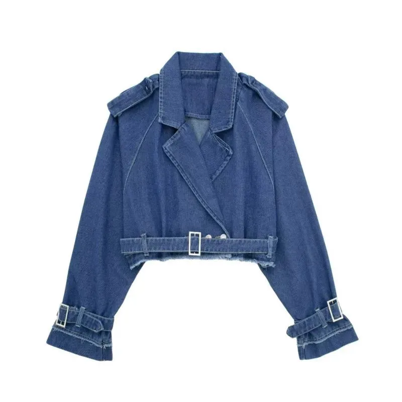 Lapel Notched Collar Denim Jacket Vintage Women Hem Buckle Belt Jacket