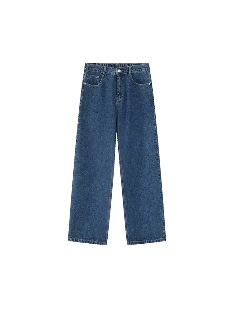 Loose Semi-Elastic Waist Straight Leg Denim Jean