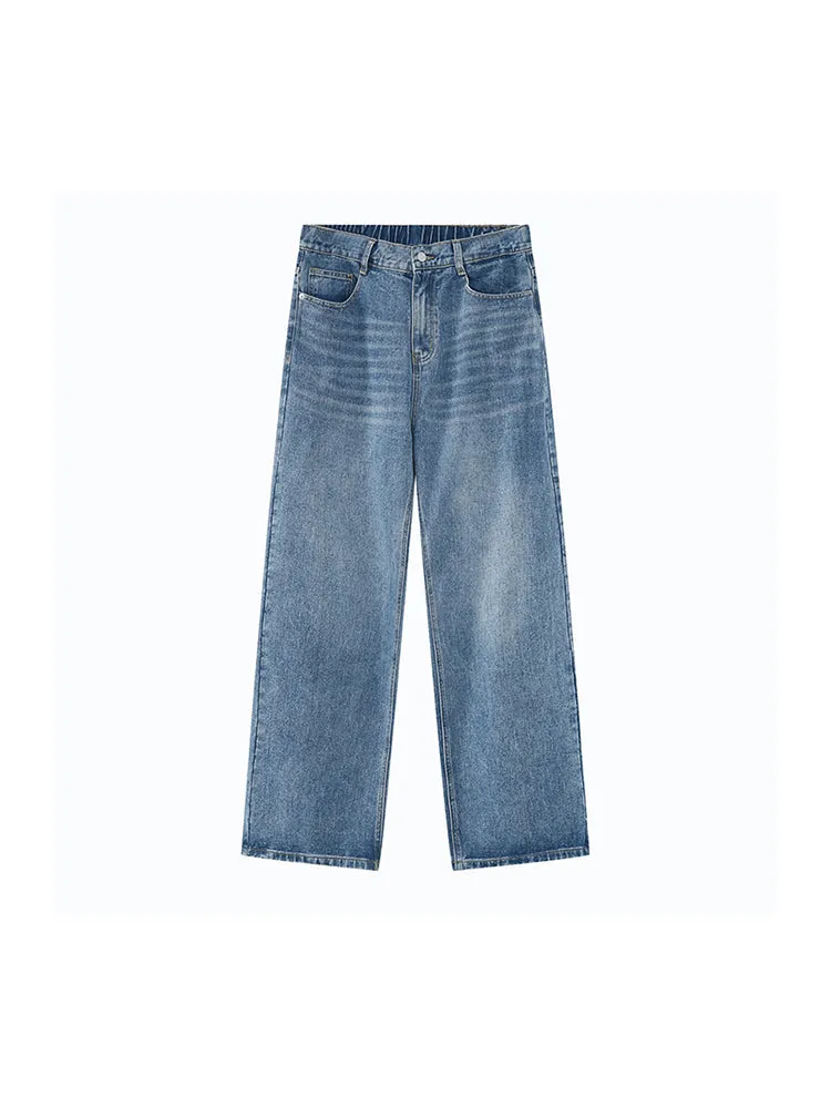 Loose Semi-Elastic Waist Straight Leg Denim Jean