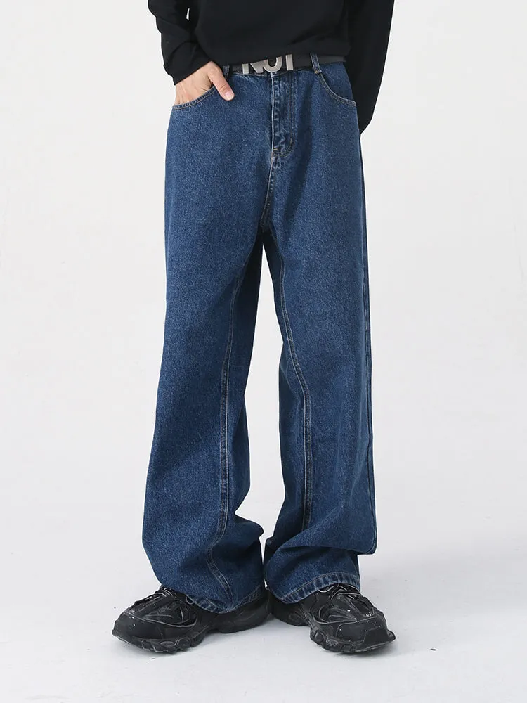 Loose Semi-Elastic Waist Straight Leg Denim Jean