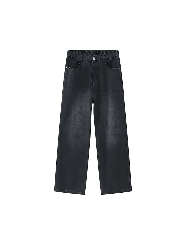 Loose Semi-Elastic Waist Straight Leg Denim Jean