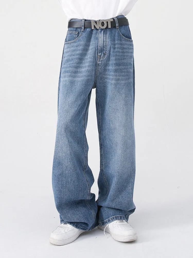 Loose Semi-Elastic Waist Straight Leg Denim Jean