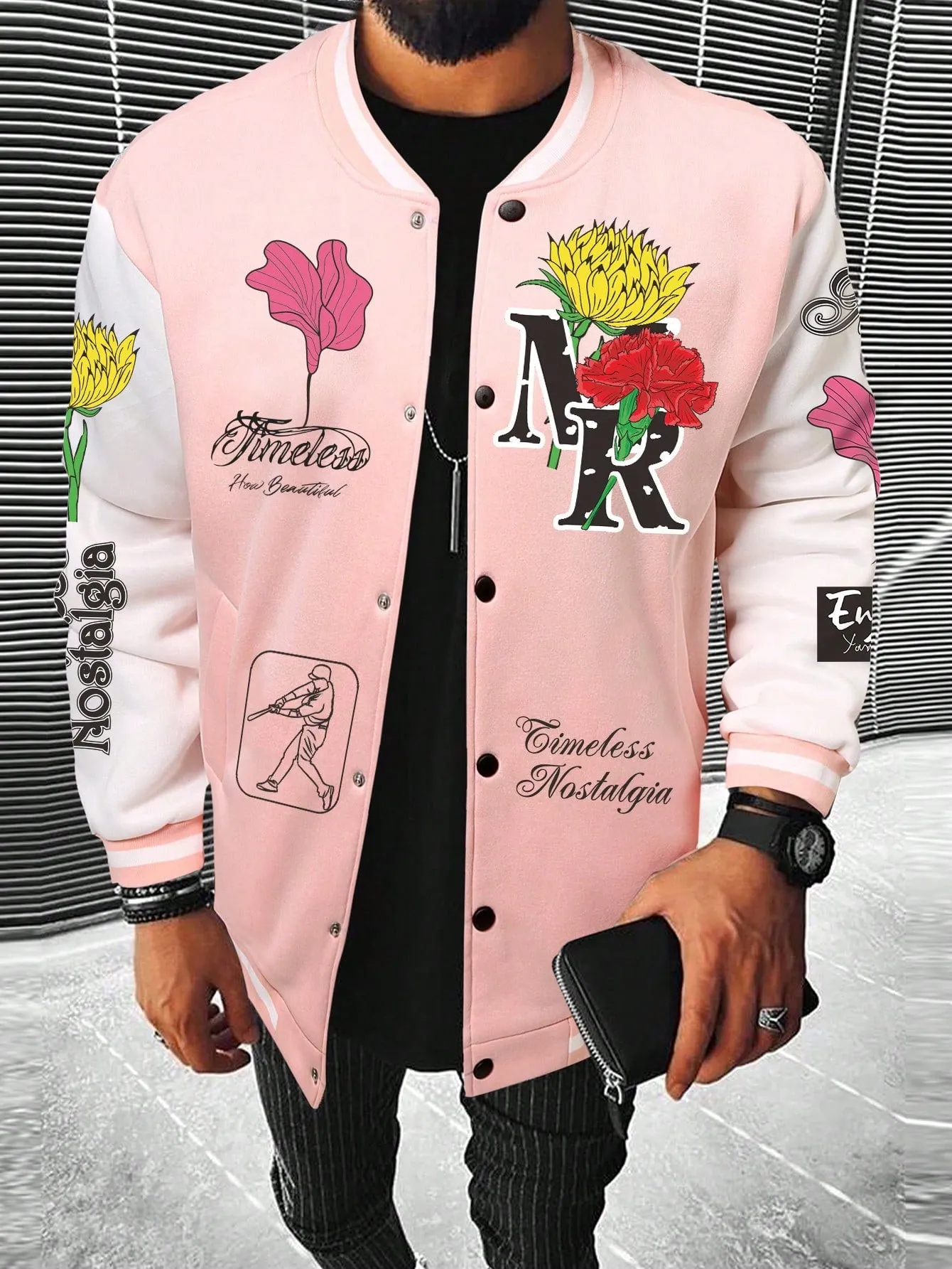 Manfinity EMRG Men 1pc Floral & Letter Graphic Bomber Jacket, Colorful, Funny, Long Sleeve, Going Out, Boyfriend Gift, Baseball Jacket