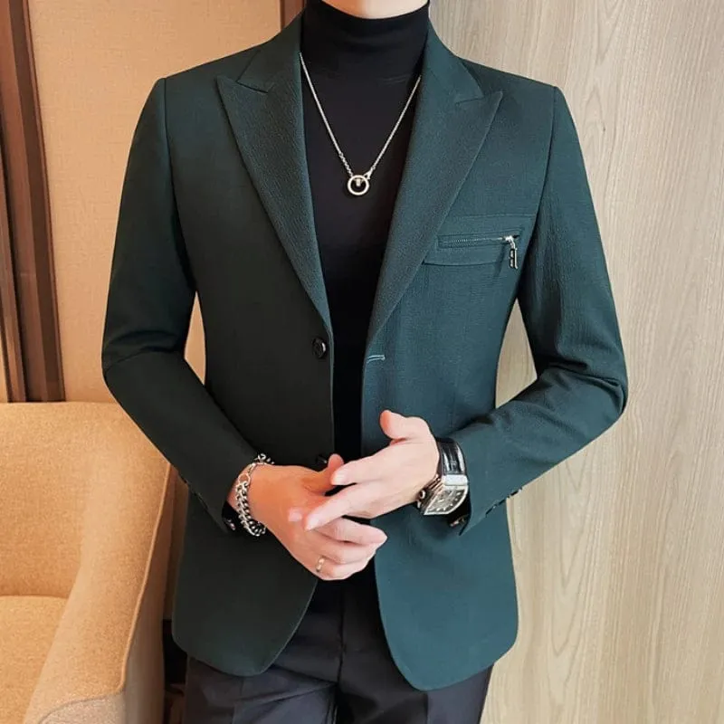 Men's Luxury Slim Fit Blazer: Zipper Design, Casual Office Suit, Social, Wedding, Party, Groom Dress Coat