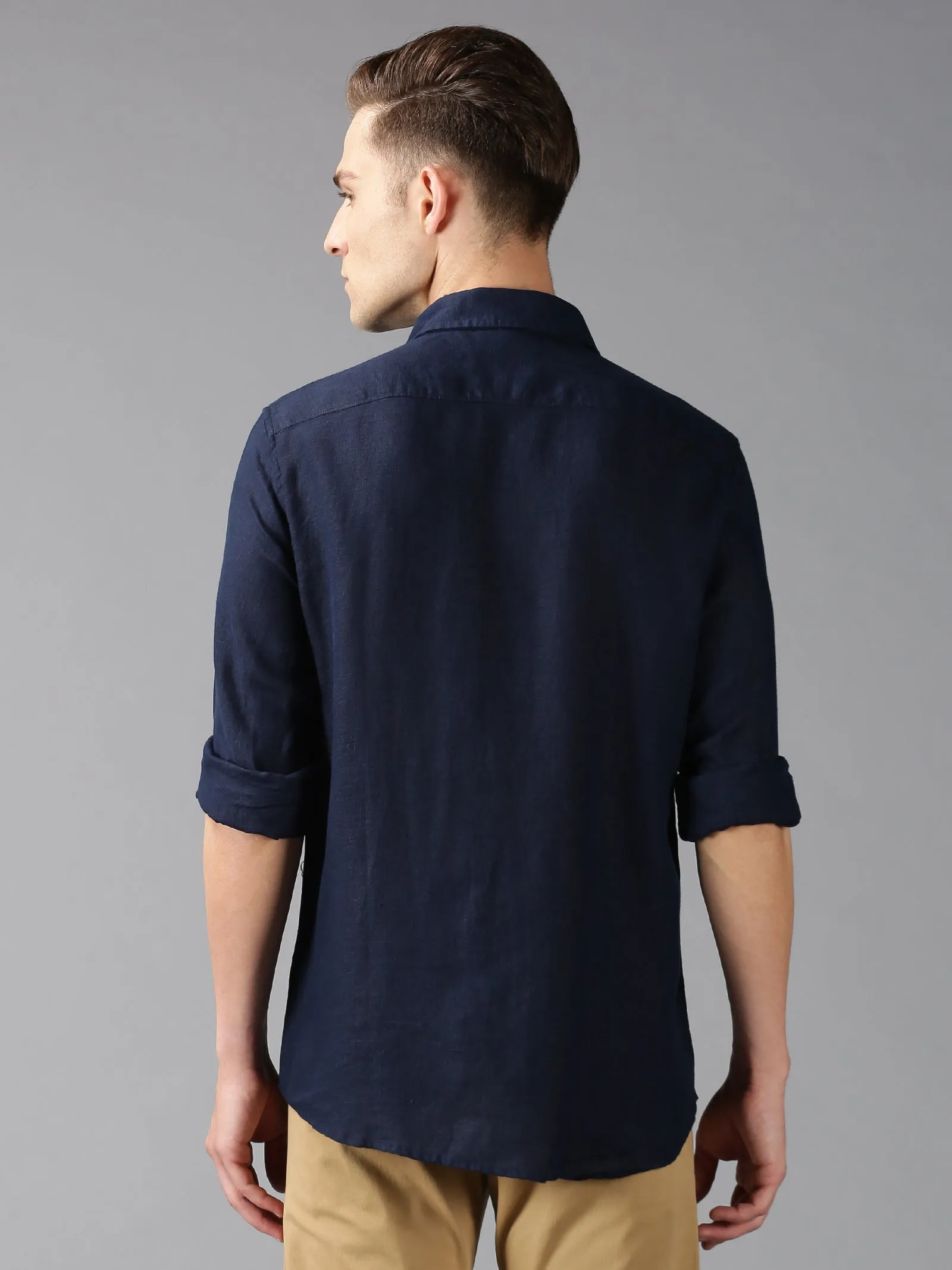 MEN'S NAVY LINEN SOLID SLIM FIT SHIRT