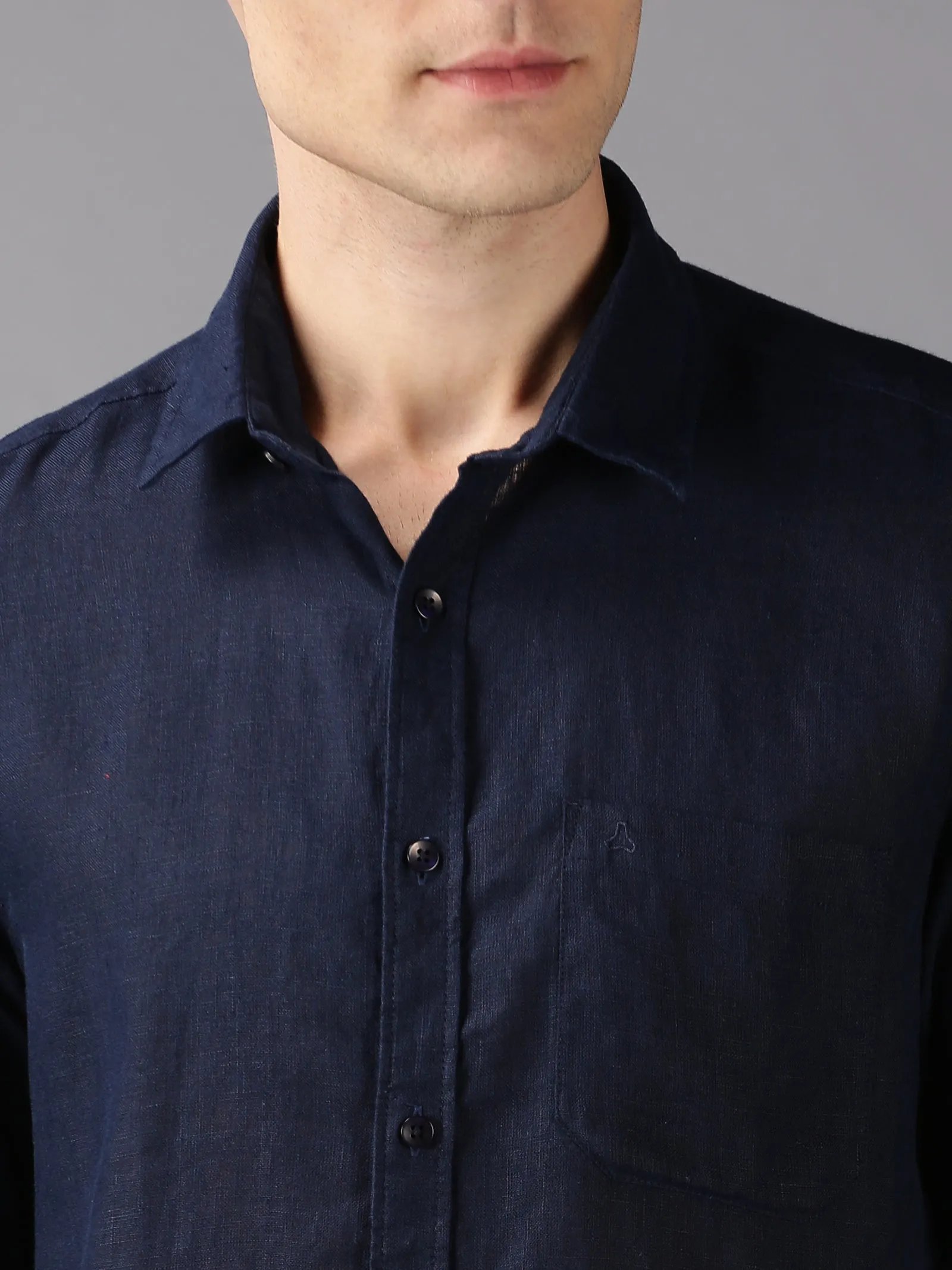 MEN'S NAVY LINEN SOLID SLIM FIT SHIRT