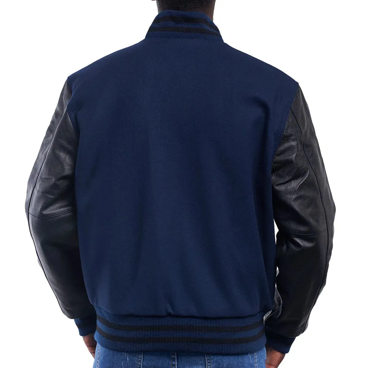 Mens Royal Blue And Black Leather Varsity Jacket