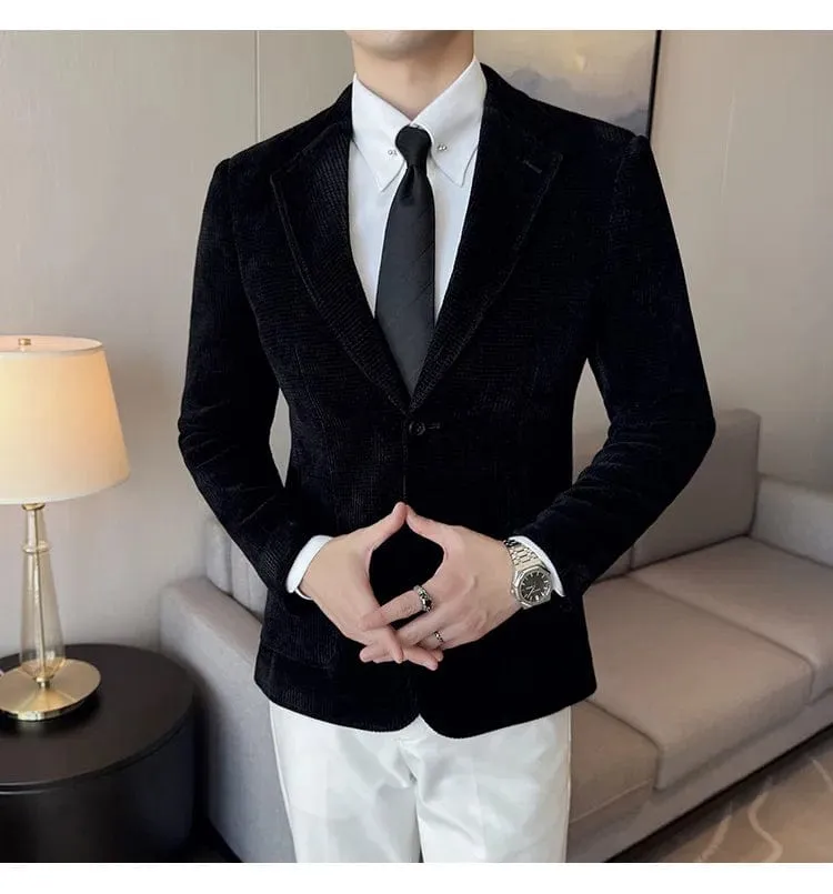 Men's Slim Fit Chenille Velvet Blazer – Autumn Winter Business Suit Jacket for Weddings, Banquets, and Parties