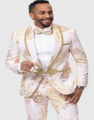 Mens White & Gold Paisley Prom & Wedding Trim Tuxedo