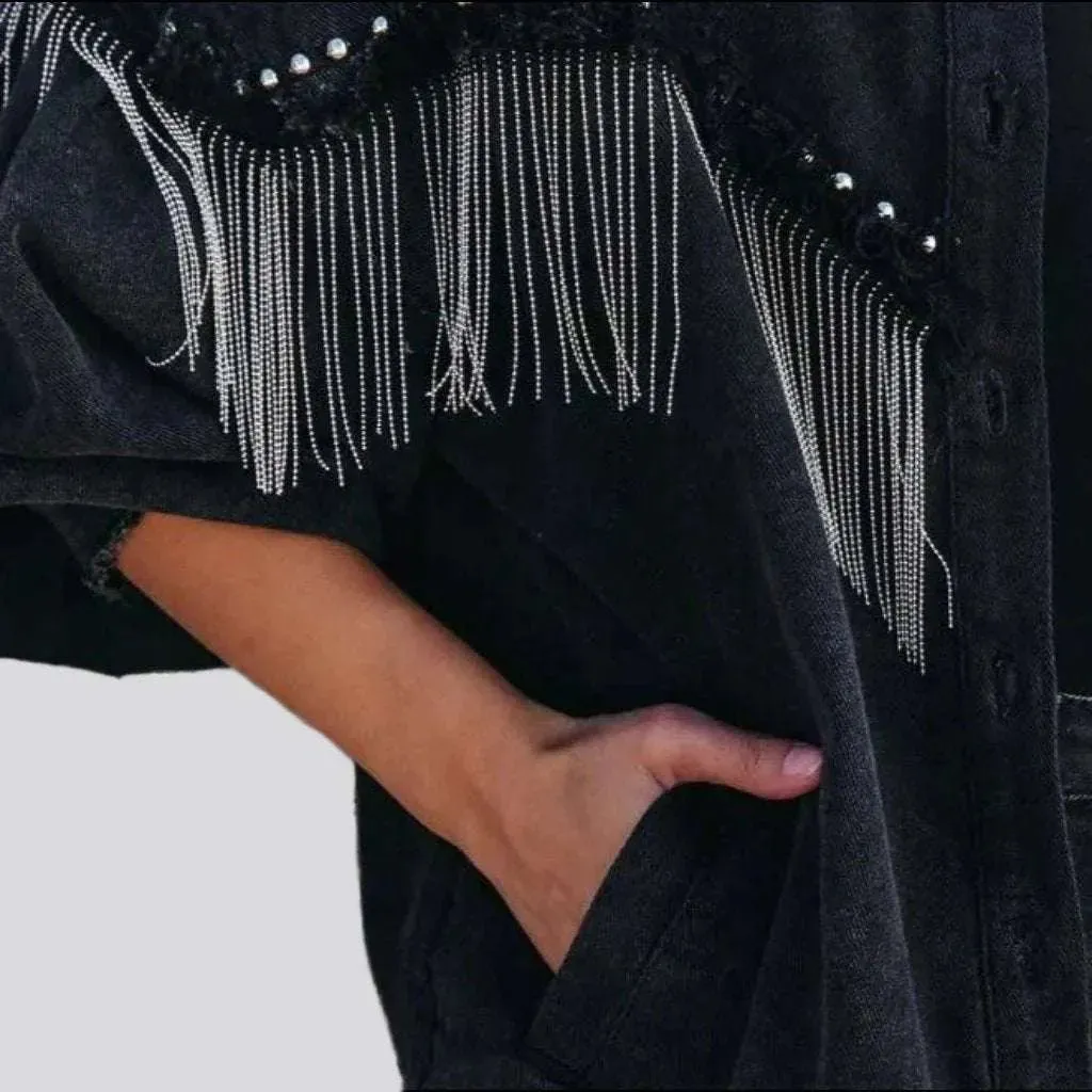 Oversized fringe women's denim jacket