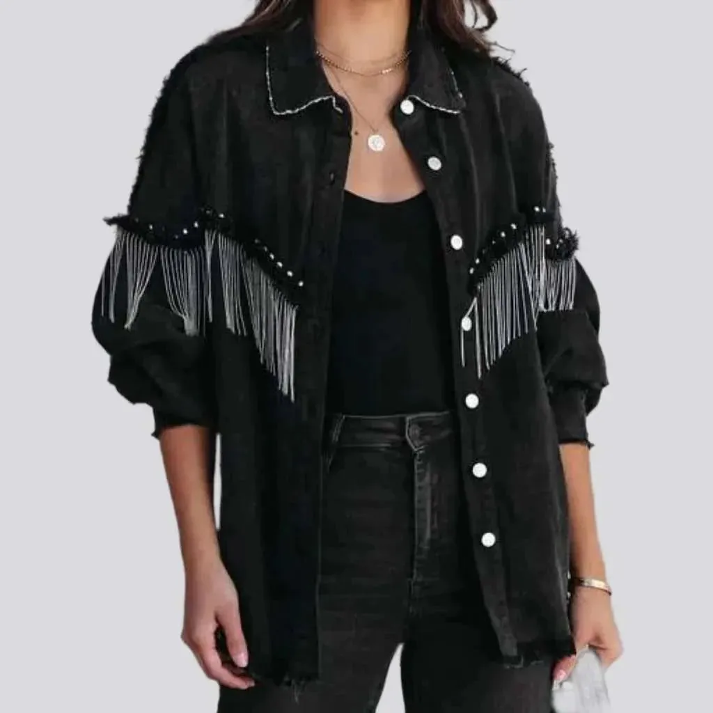 Oversized fringe women's denim jacket