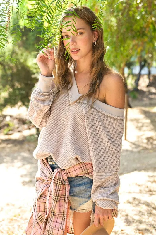 Oversized V Neck Waffle Knit Sweater