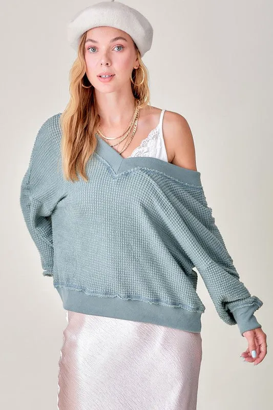 Oversized V Neck Waffle Knit Sweater