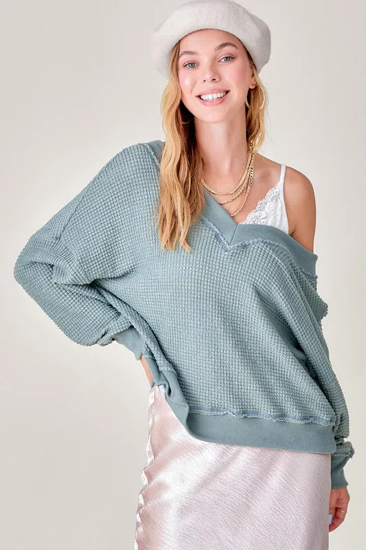 Oversized V Neck Waffle Knit Sweater