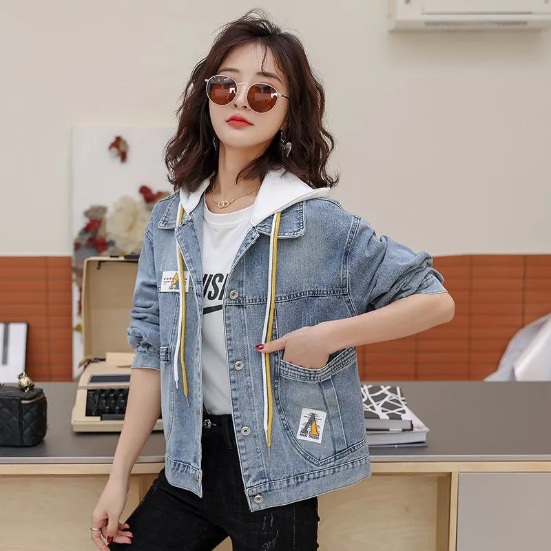 Patchwork Cropped Loose Fit Hooded Denim Coat