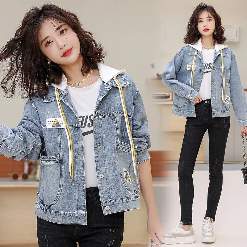 Patchwork Cropped Loose Fit Hooded Denim Coat