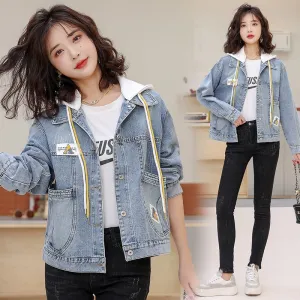 Patchwork Cropped Loose Fit Hooded Denim Coat