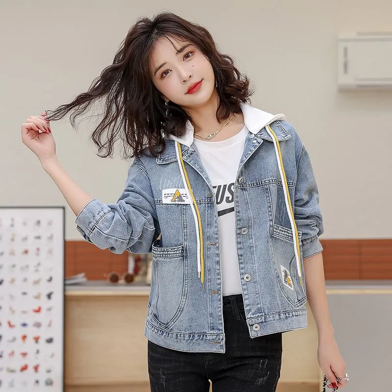 Patchwork Cropped Loose Fit Hooded Denim Coat