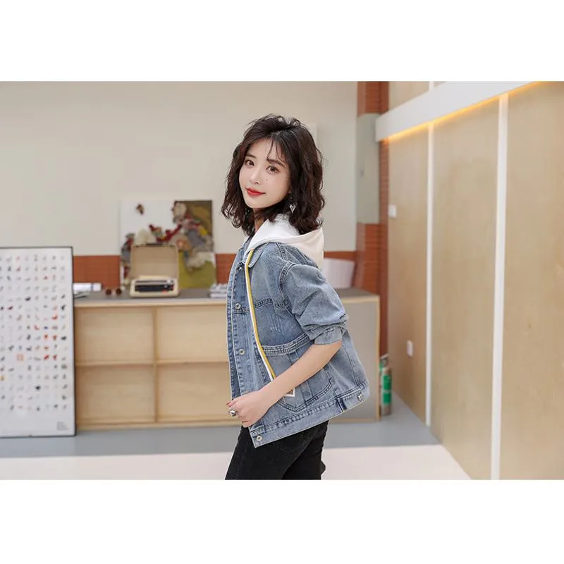 Patchwork Cropped Loose Fit Hooded Denim Coat